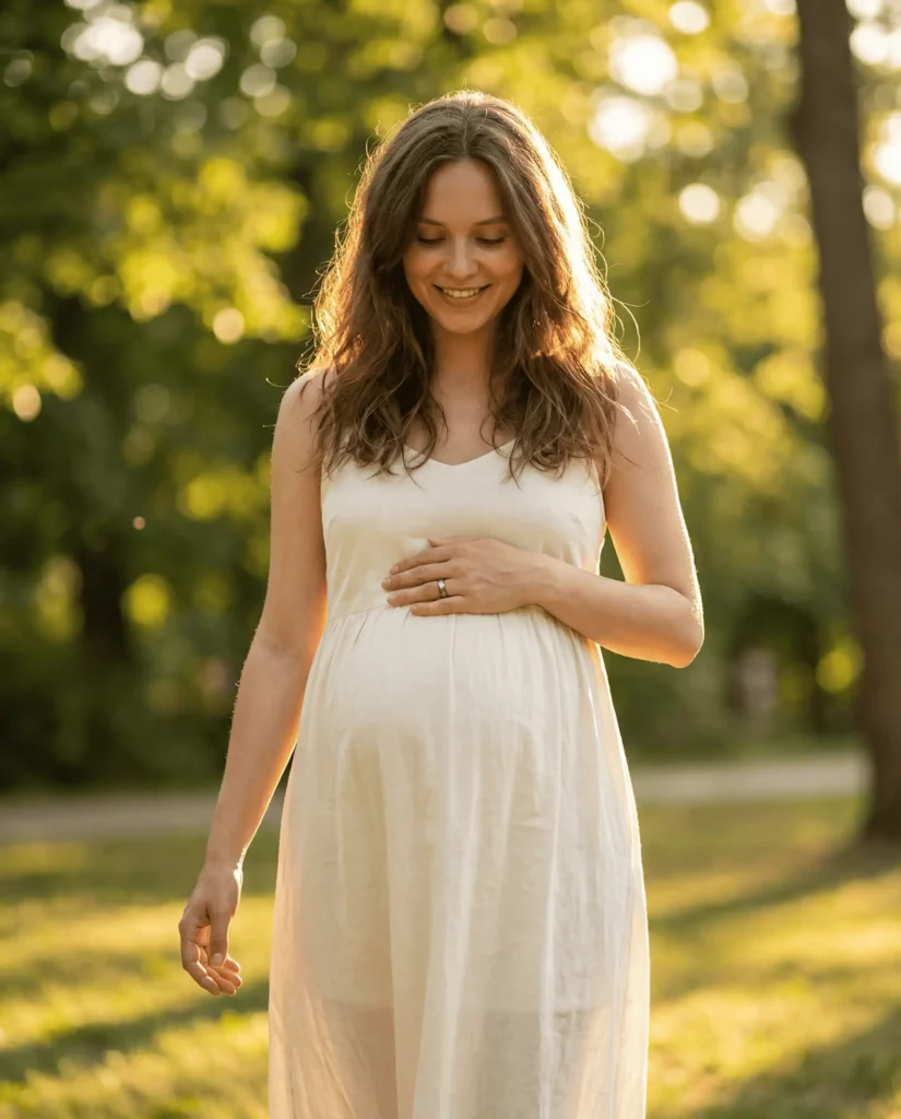 Schwangere Frau im Sonnenlicht.